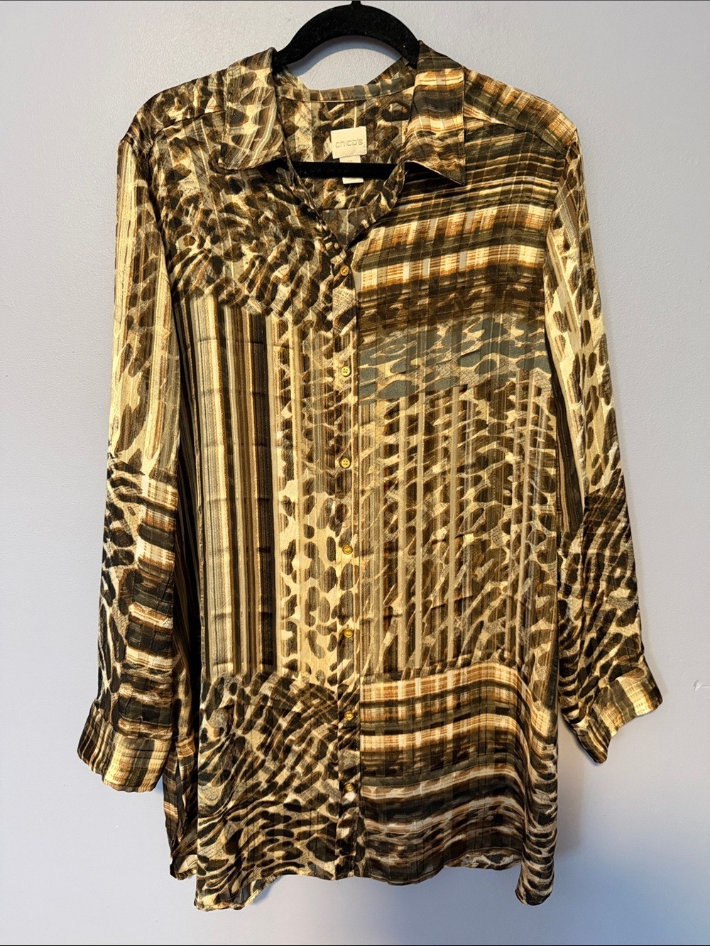 Chico’s Animal Print Tunic Top Size XL (3) Brown Black Button Front Sheer Blouse - Picture 2 of 10